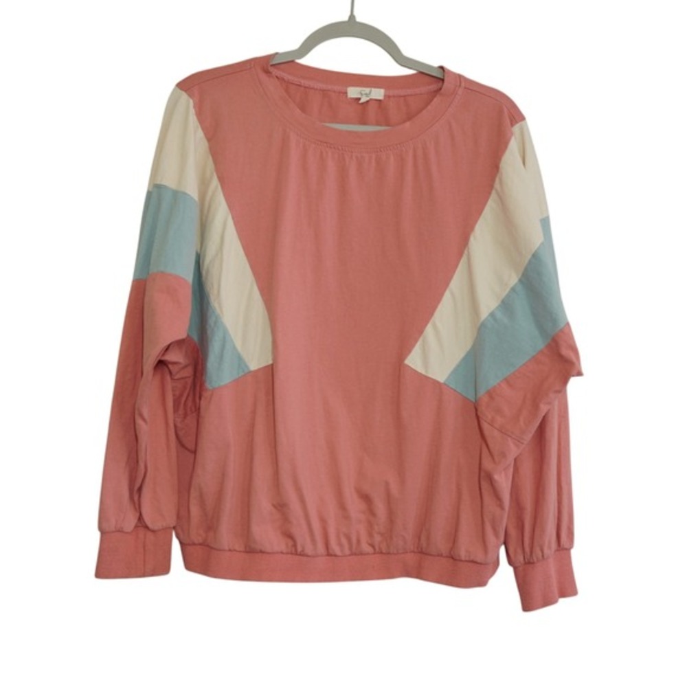Easel Los Angeles Coral Pink Color Block Cotton Long Sleeve Sweatshirt Boho Cozy